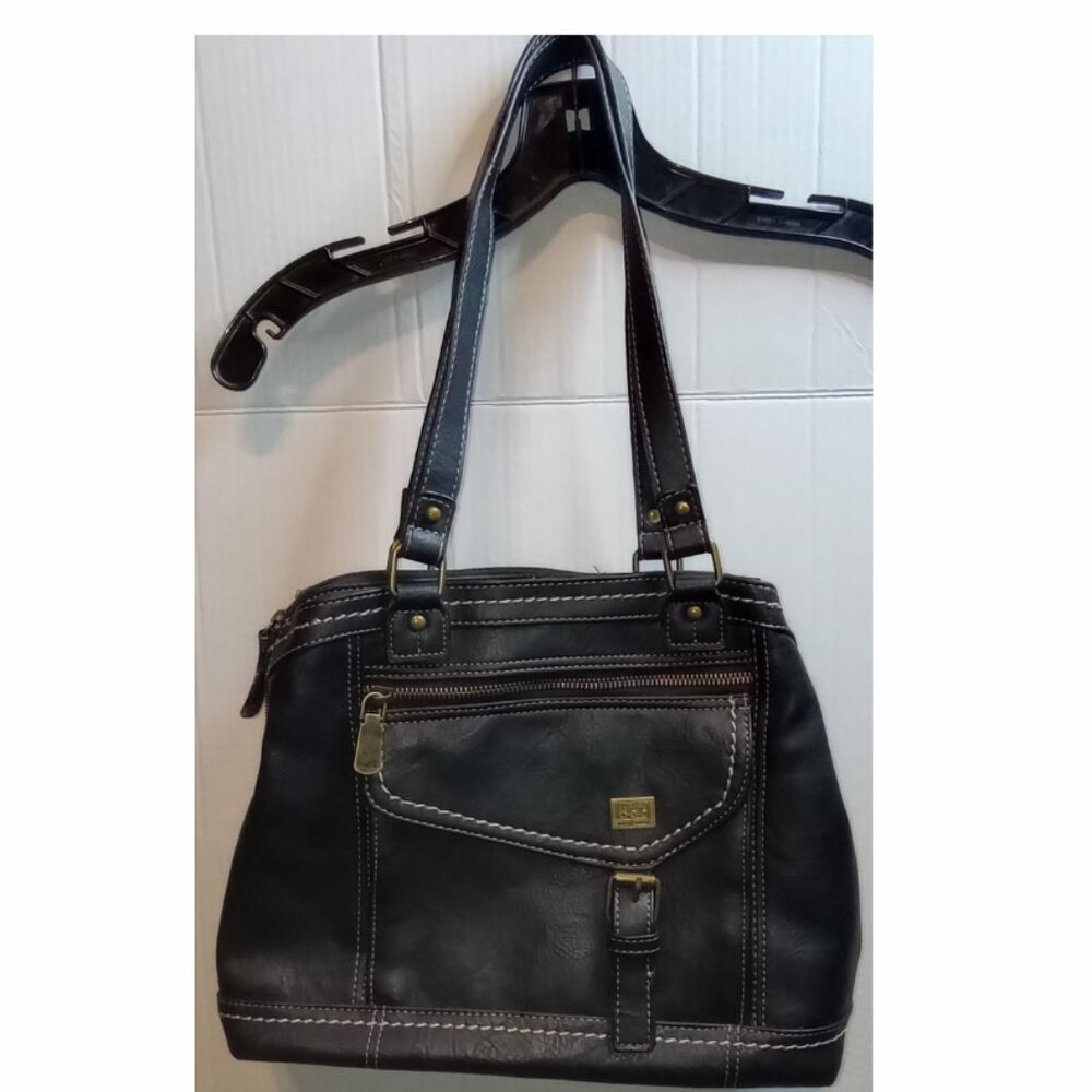 BOC Born Shoulder Purse Bag Flap Zipper Bucket Black Faux Leather - Picture 2 of 13